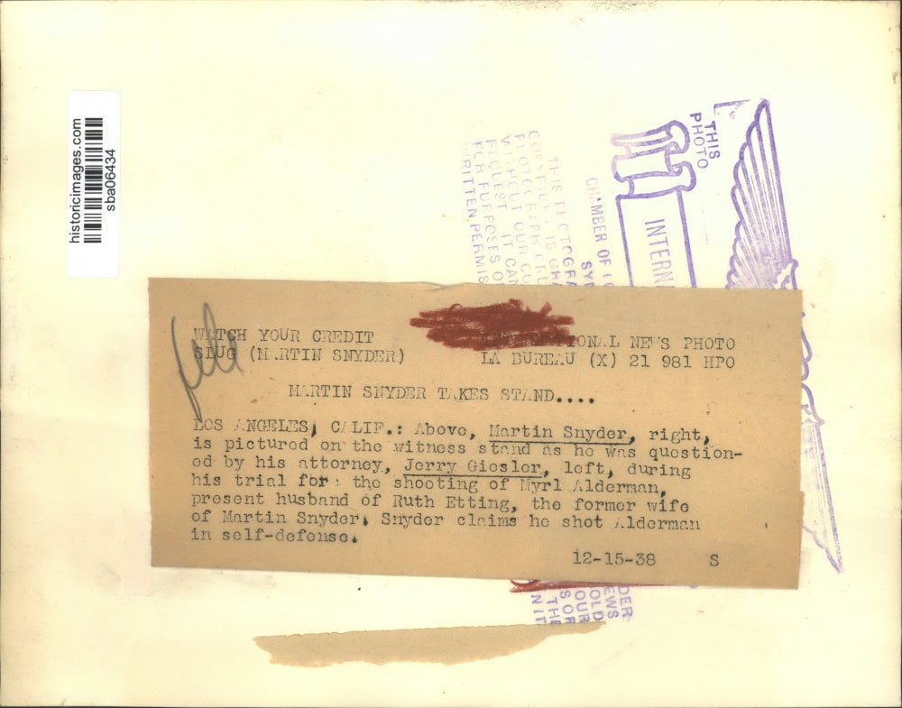 1938 Press Photo Martin Snyder and Attorney Jerry Giesler during trial hearing