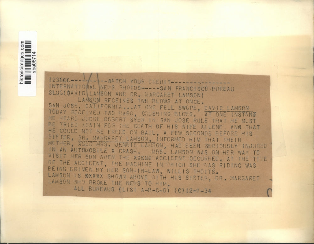 1934 Press Photo David Lamson, accused of murder receives sad news from sister