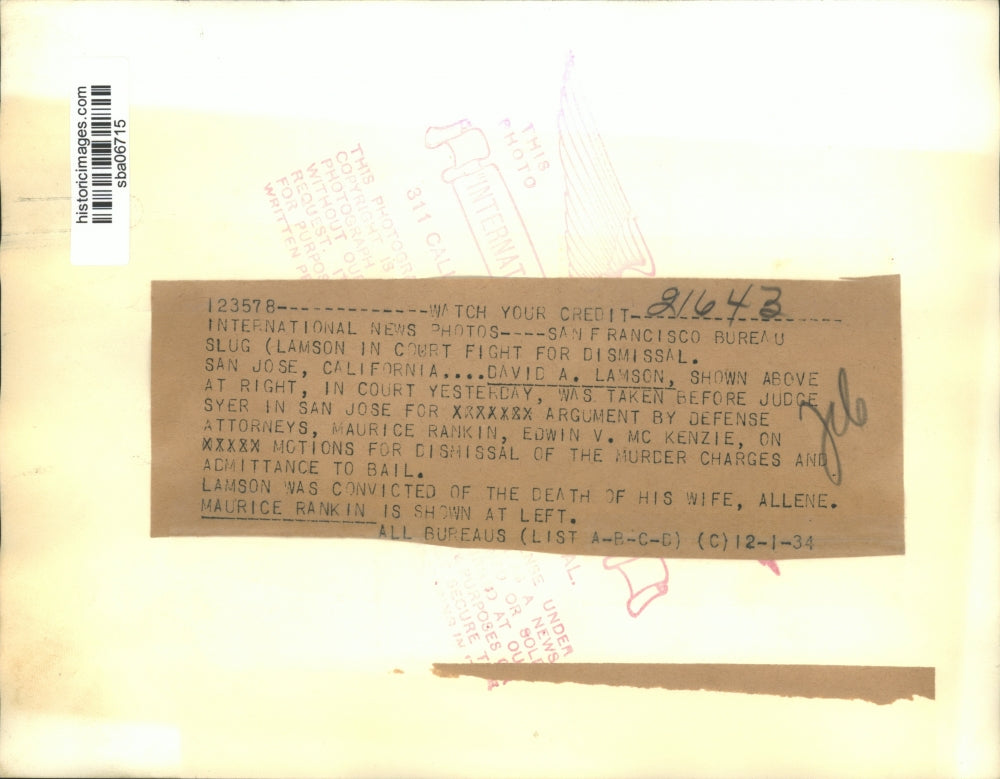 1934 Press Photo David Lamson shown with lawyers during his murder tiral