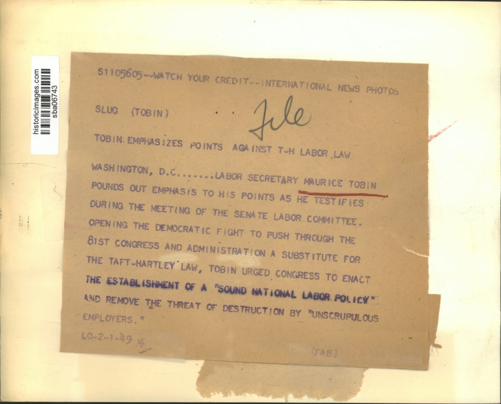 1949 Press Photo Maurice Tobin, Labor head, testifies at Senate Labor hearing