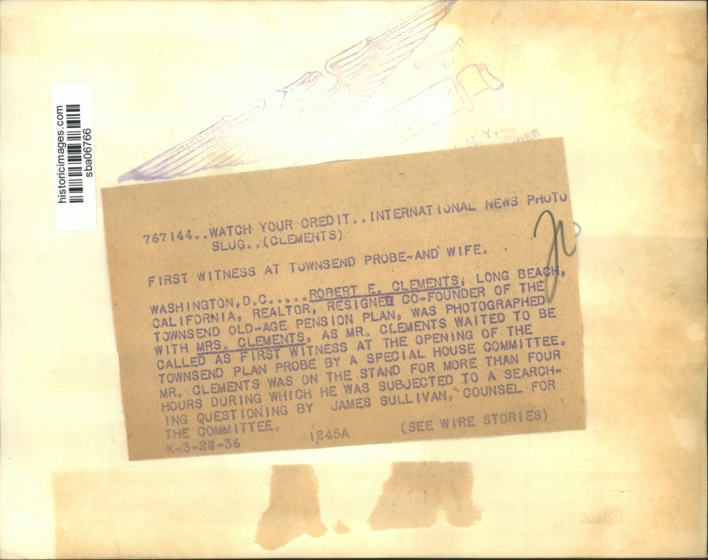 1936 Press Photo Robert Clements, co founder of the Townsend Plan with wife