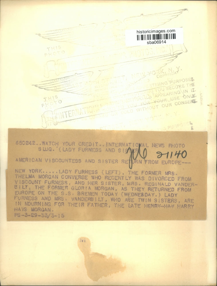 1933 Press Photo Lady Furness and Mrs. Vanderbilt Mourn Father's Death