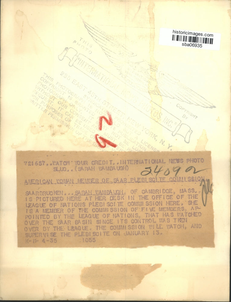 1935 Press Photo Sarah Wambaugh, League of Nations Plebiscite Commission Member