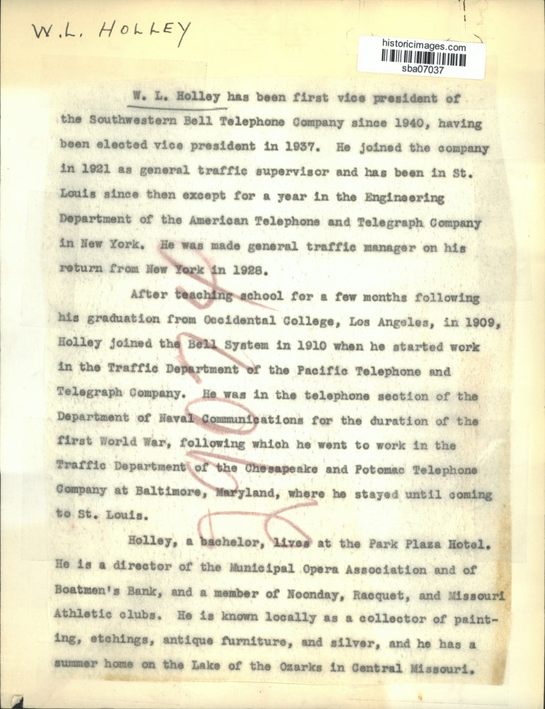 Press Photo W.L. Holley, Southwestern Bell Telephone Company's vice president