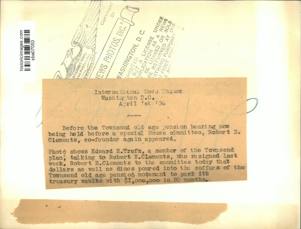 1936 Press Photo Edward Clements and Edward Trefz of the Townsend Pension Plan