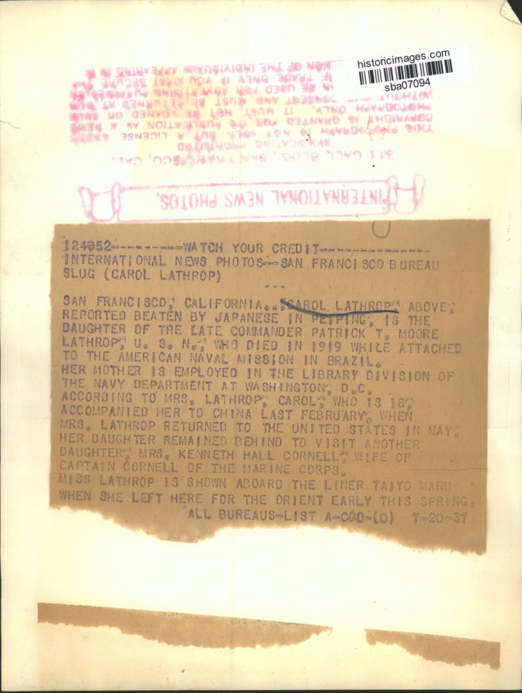 1937 Press Photo Carol Lathrop returns aboard Liner Tayio Maru