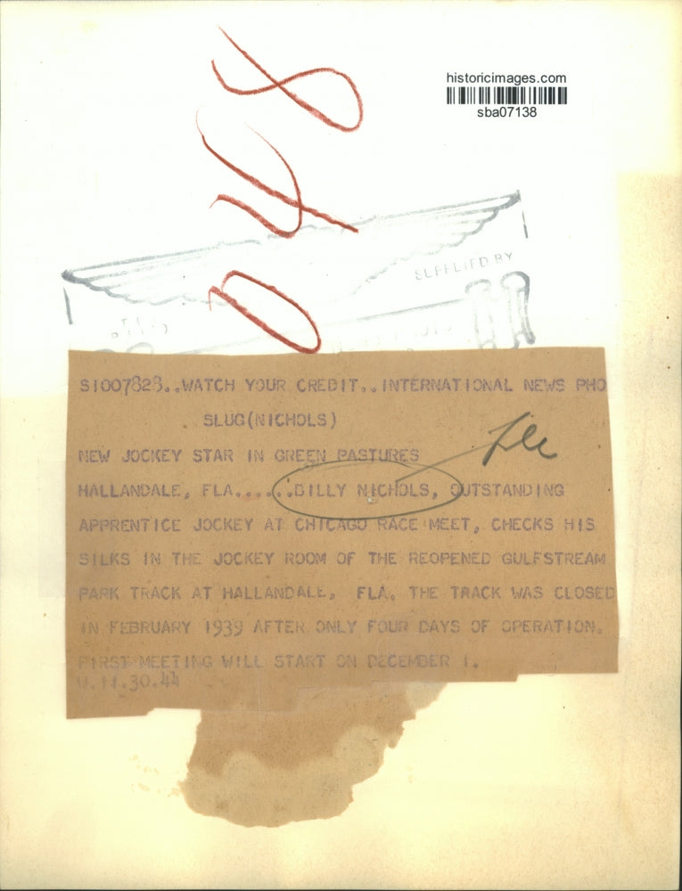 1944 Press Photo Billy Nichols, apprentice jockey at Chicago Race Meet