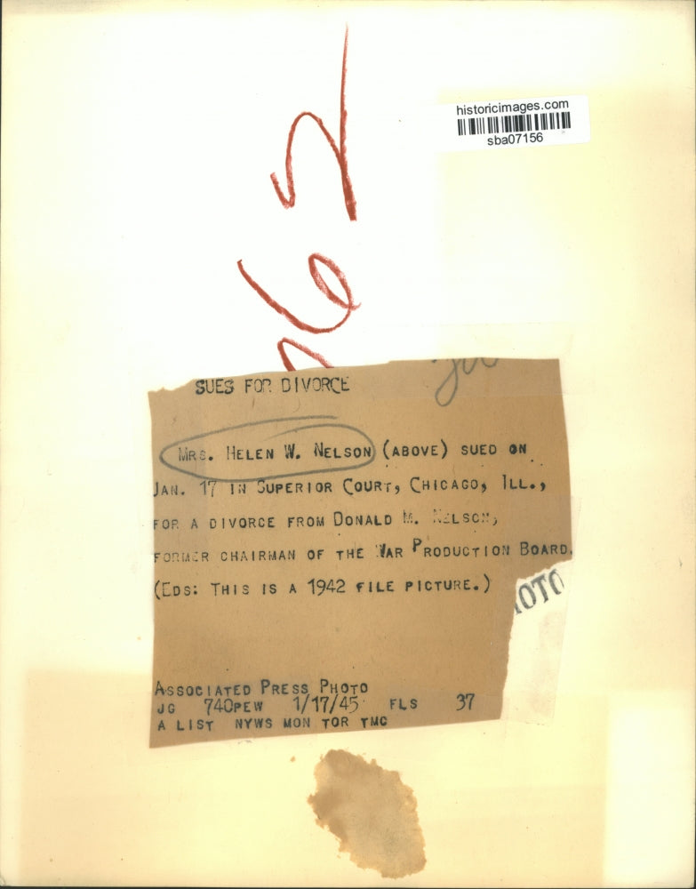 1945 Press Photo Mrs. Helen W. Nelson sues for divorce from Donald Nelson
