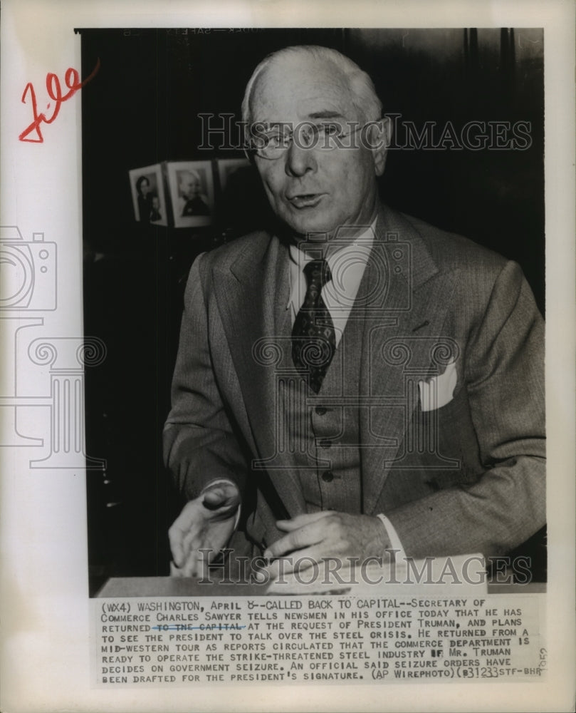 1952 Press Photo Charles Sawyer, Secretary of Commerce plans to talk with Truman- Historic Images