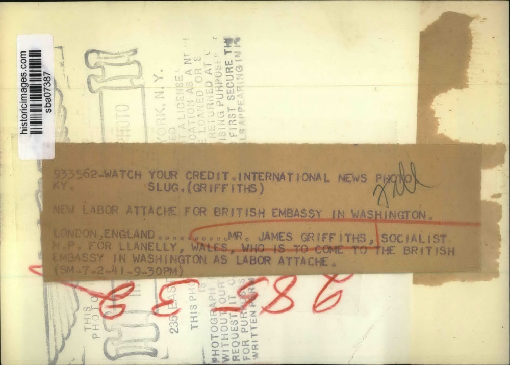 1941 Press Photo Mr.James Griffiths at British Embassy in Washington