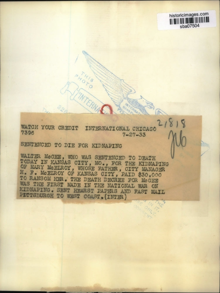 1933 Press Photo Walter McGee Sentenced to death for kidnappign of Mary McElroy