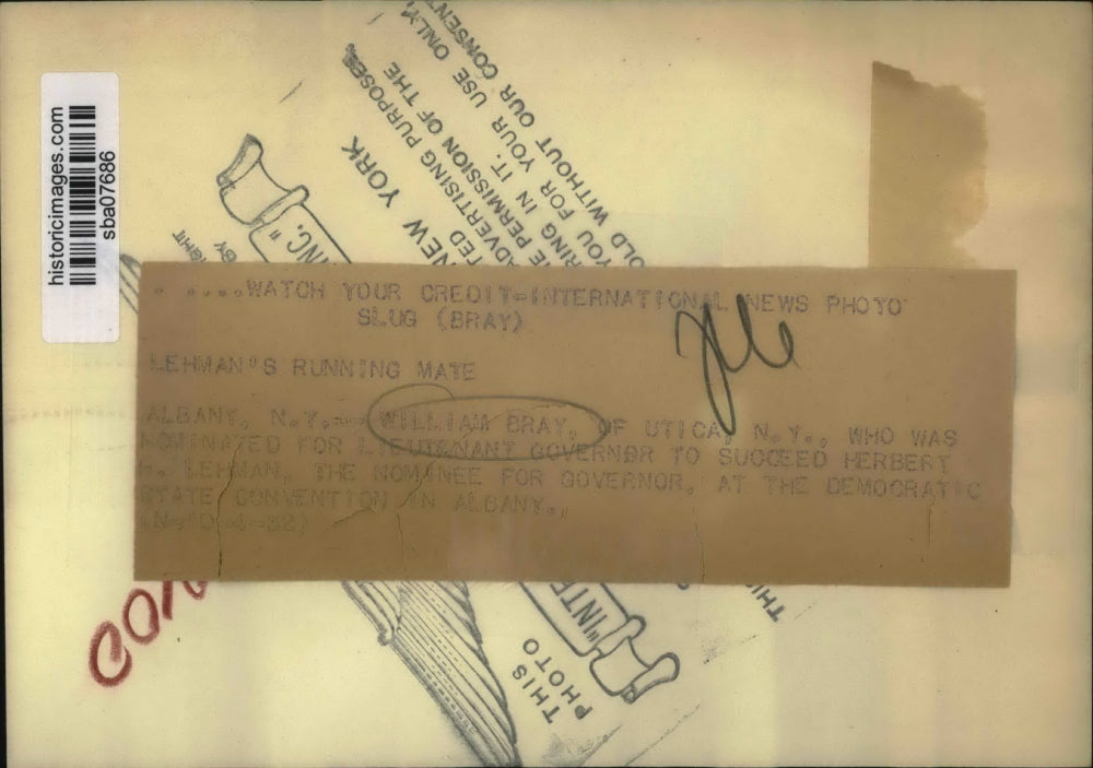 1932 Press Photo William Bray of Utica NY nominated for Lieutenant Governor