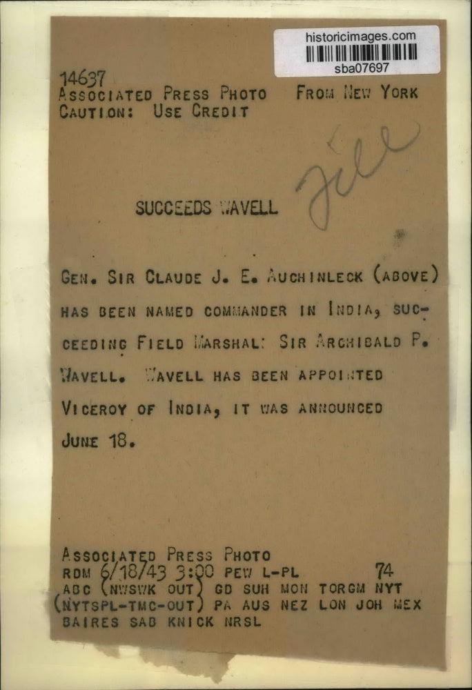 1943 Press Photo Gen Sir Claude JE Auchinleck named commander in India