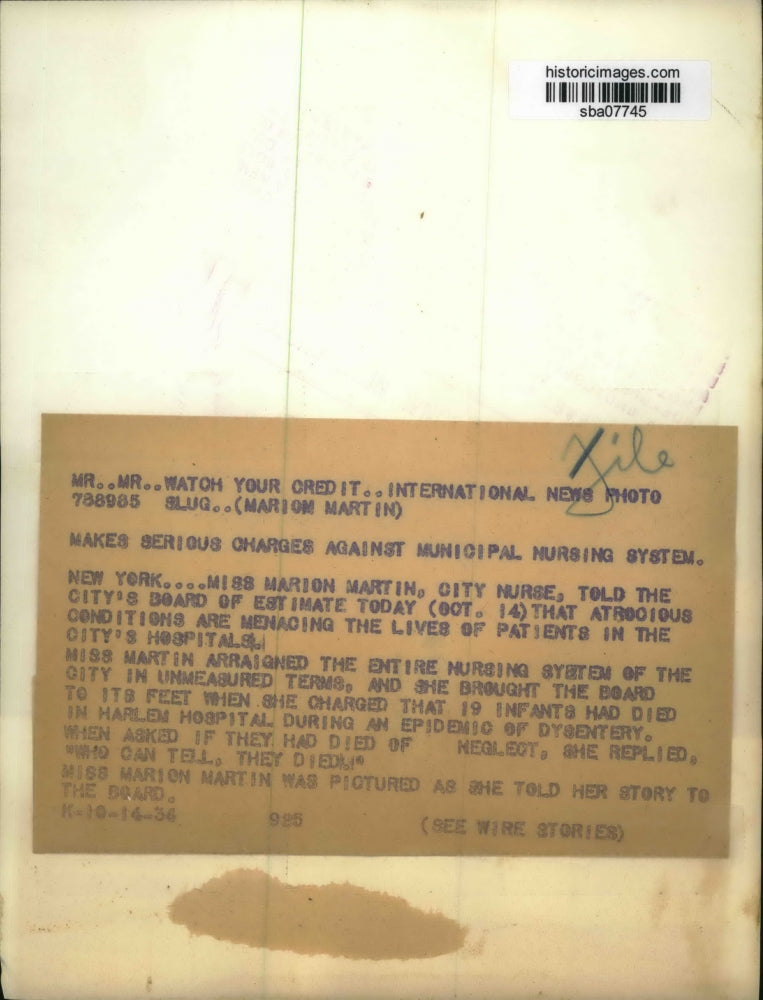 1936 Press Photo Marion Martin testifies about hospital conditions in New York