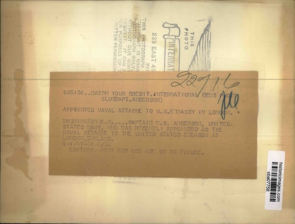 1934 Press Photo W. S. Anderson named as Naval Attache to U.S. Embassy in London