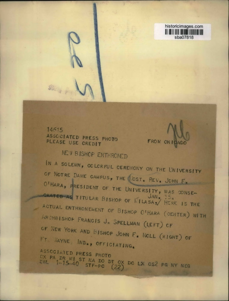 1940 Press Photo Ceremony for the enthronement of Father John O'Hara as Bishop