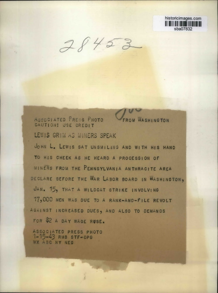 1943 Press Photo John Lewis, United Miners Union head shows grim face