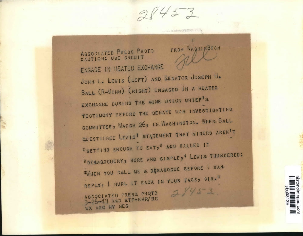 1943 Press Photo John L Lewis UAW president & Senator Joseph H Ball of Minn