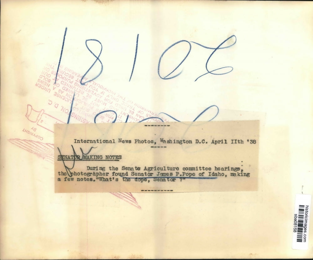 1938 Press Photo Senator James P Pope of IdahoMaking Notes During Ag Hearing