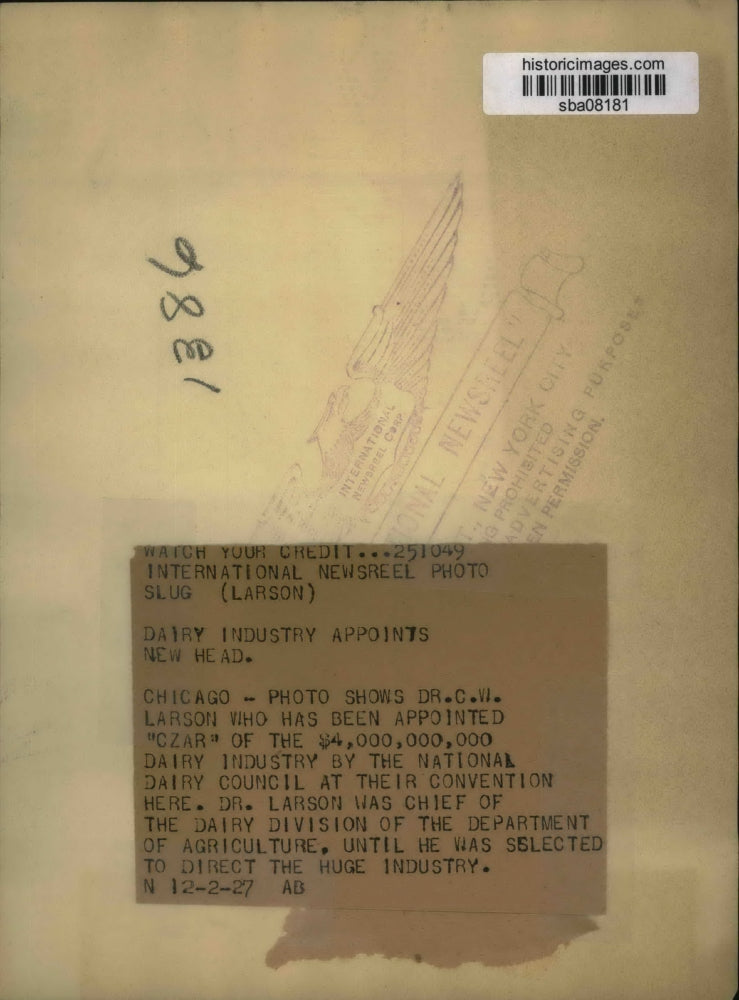 1927 Press Photo Dr. C. W. Larson Has Been Appointed "Czar" of Dairy Industry