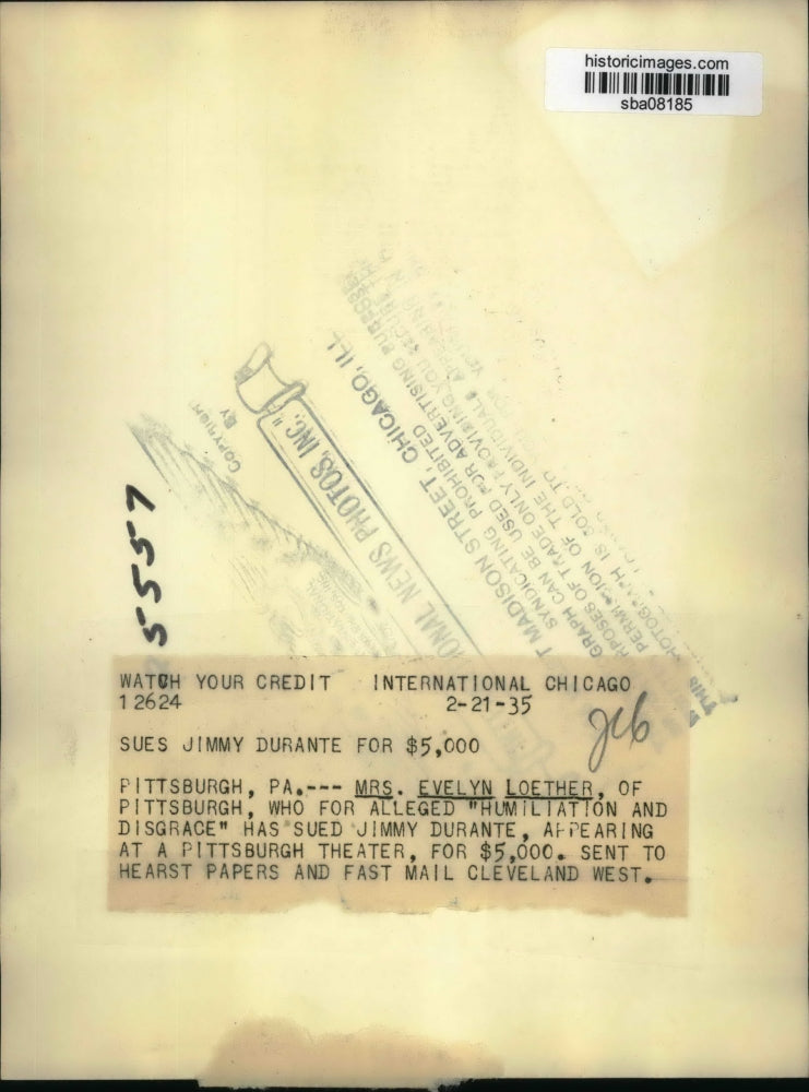 1935 Press Photo Mrs Evelyn Loether of Pittsburgh Sues Jimmy Durante for $5,000