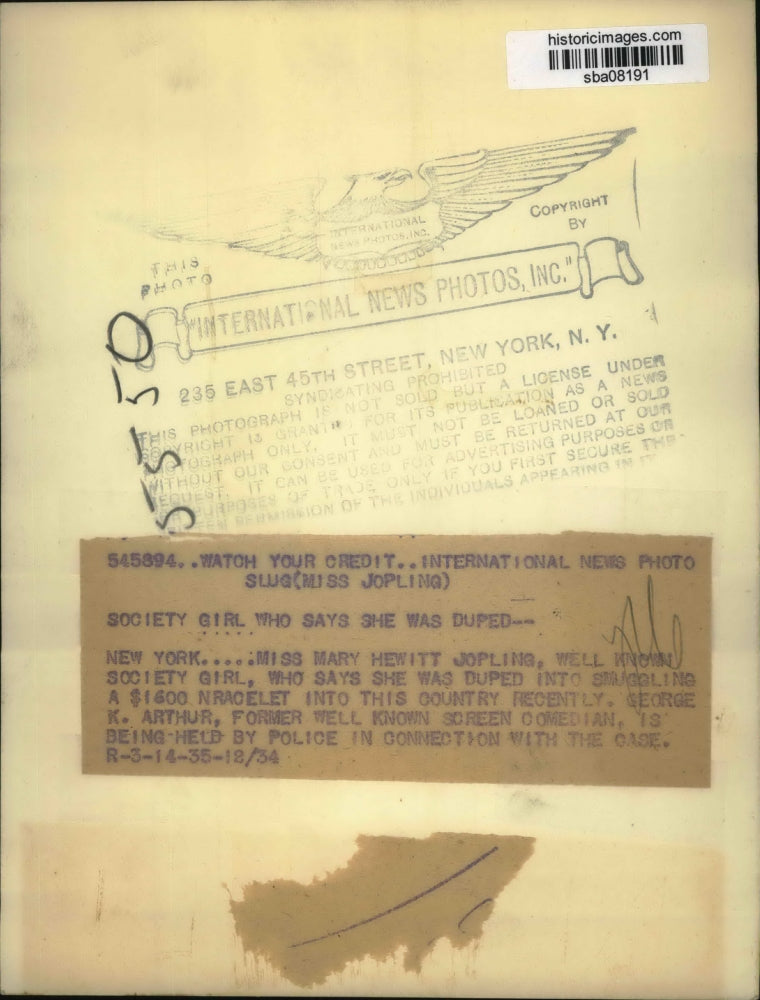 1935 Press Photo Mary Hewitt Joplin Smuggles $1600 Bracelet Into This Country