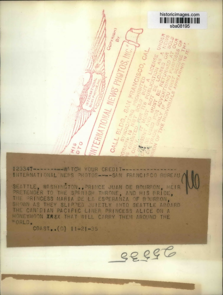 1935 Press Photo Prince Juan of Spain & wife, Princess Maria of Bourbon visit US