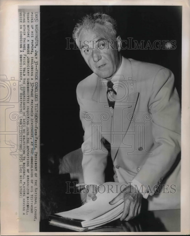 1951 Press Photo Ford Frick President of the National League after testifying- Historic Images