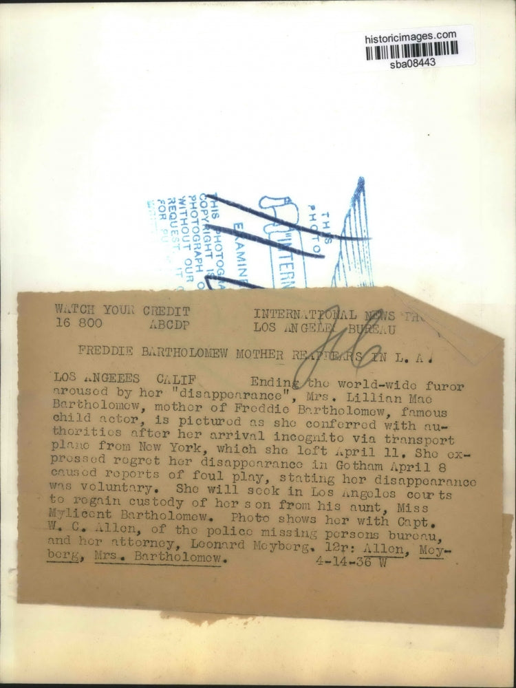 1936 Press Photo Mother of Actor Freddie Bartholomew regain child Custody