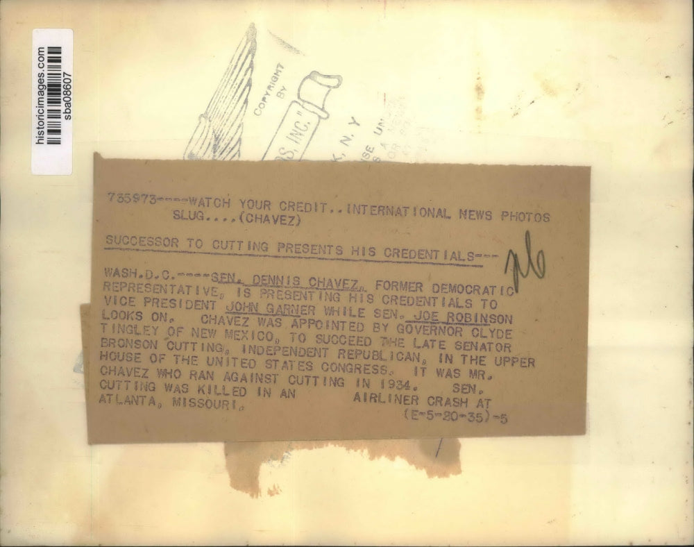 1935 Press Photo Dennis Chavez, successor of late Senator Cutting to Congress