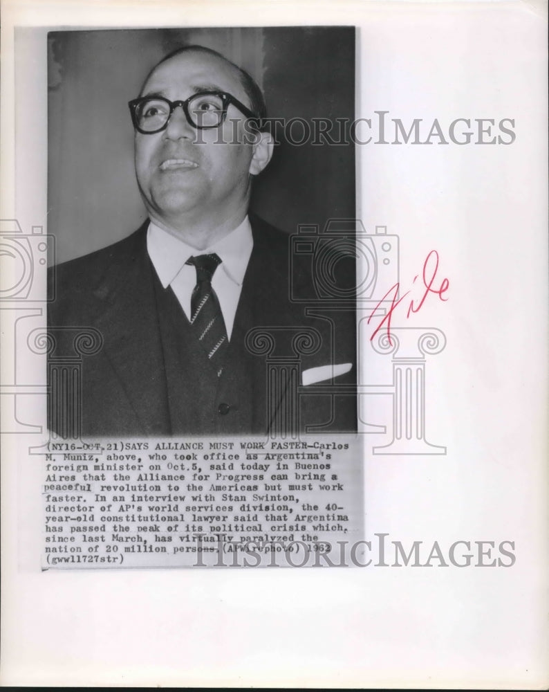 1962 Press Photo Carlos Muniz, Foreign Minister of Argentina - sba08860