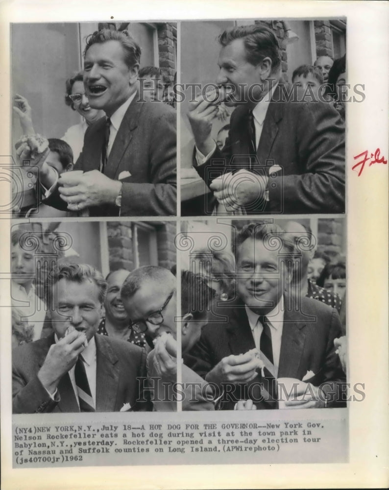1962 Press Photo NY Gov Rockefeller Eats Hot Dog During Visit at Town Park