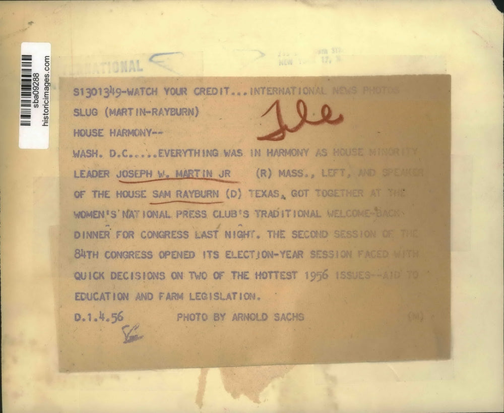 1956 Press Photo House Minority leader Joe Martin Jr & Speaker Sam Rayburn