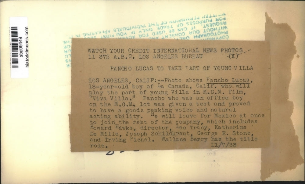 1933 Press Photo Pancho Lucas, an office boy to have a part in "Viva Villa"