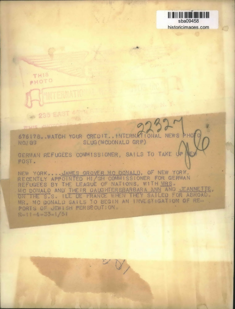 1933 Press Photo James McDonald-new German Refugees High Commissioner and family