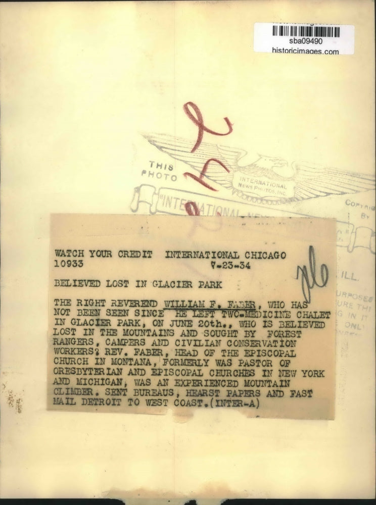 1934 Press Photo Right Reverend William Faber believed lost in Glacier Park