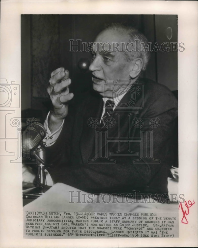 1954 Press Photo Sen.William Langer preside charges against Earl Warren