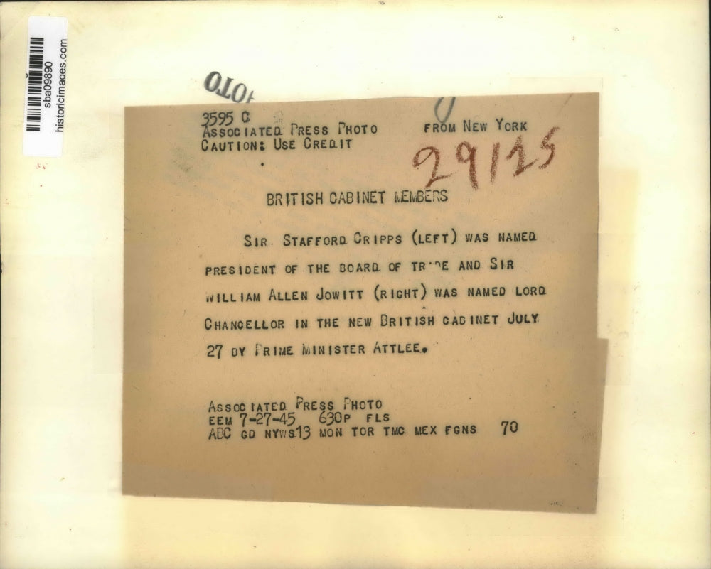 1945 Press Photo Sir Staffford Cripps & Sir William Allen Jowitt of Britain