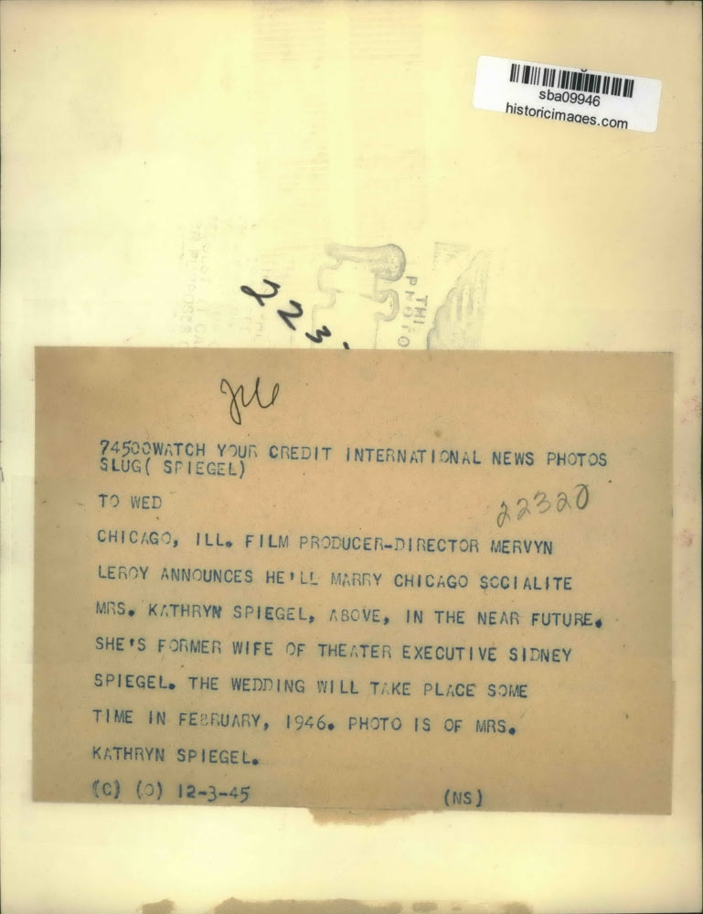 1945 Press Photo Mrs Kathryn Spiegel to wed producer Mervyn Leroy - sba09946