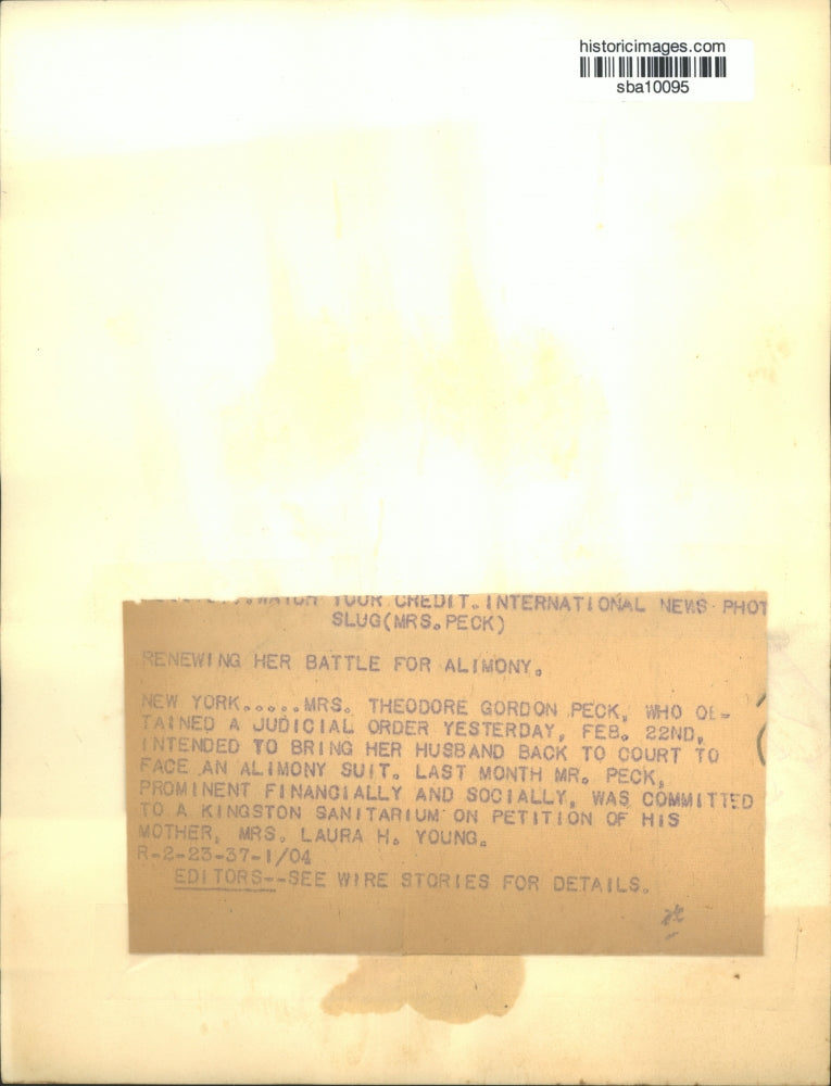 1937 Press Photo Mrs. Theodore Gordon Peck charged husband for alimony suit