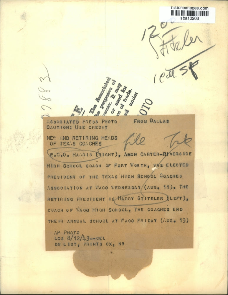 1943 Press Photo W.C.O. Harris & Harris Stiteler Coaches of Amon-Carter High