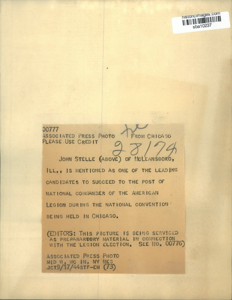 1944 Press Photo John Stelle, candidate for American Legion national commander