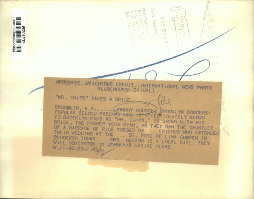 1939 Press Photo Johnny Hudson, Dodgers' baseman and bride Vera Ryan - sba10269