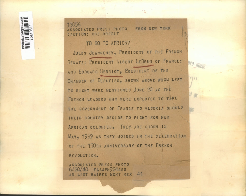 1940 Press Photo Jules Jeanneney, President Albert LeBrun celebrate revolution