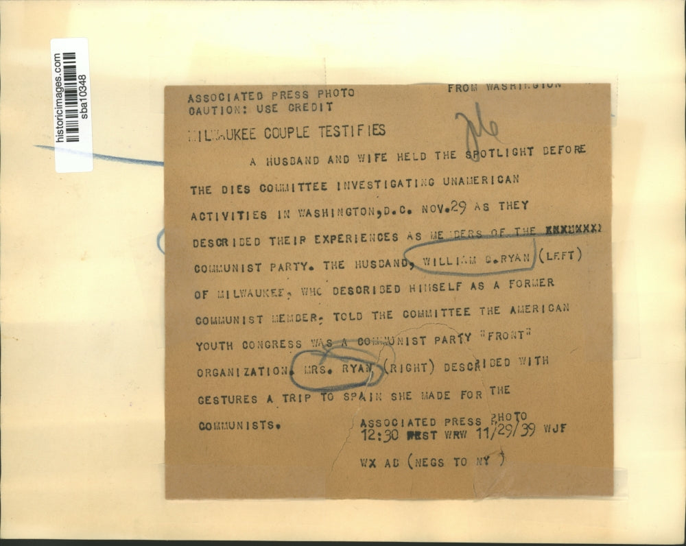 1939 Press Photo William G. Ryan & Mrs. Ryan During Dies Committee Investigation