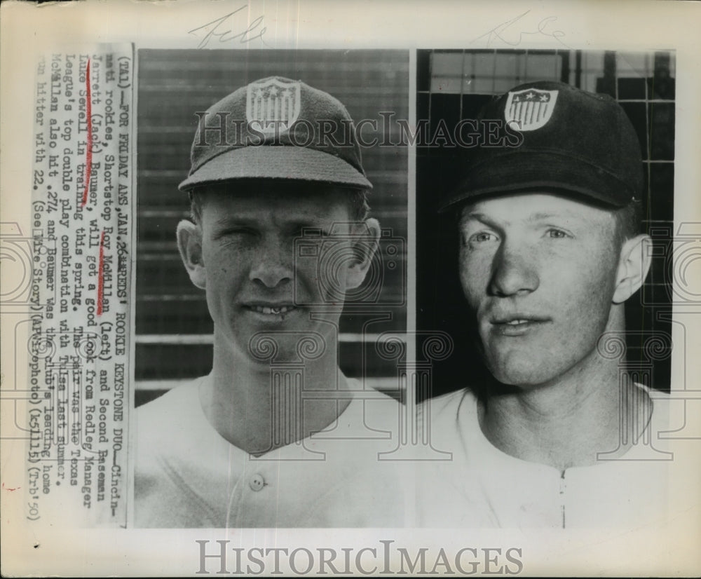 1950 Press Photo Roy McMillan, Jarrett Baumer, Texas League baseball rookies- Historic Images