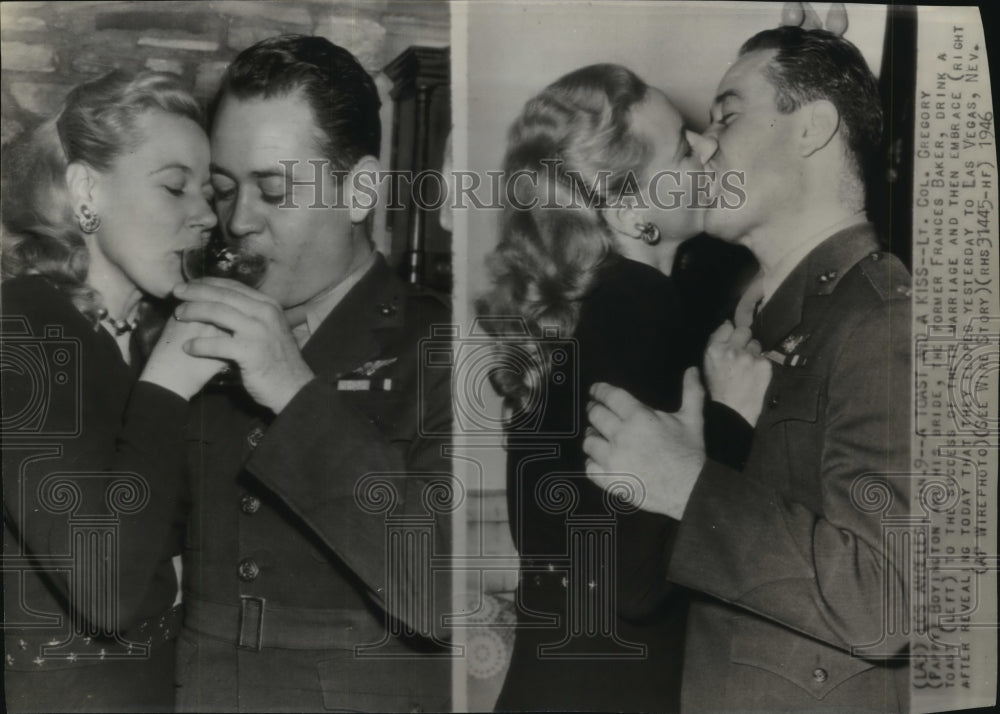 1946 Press Photo Lt Col Gregory Boyington &amp; bride former Frances Baker in LA- Historic Images