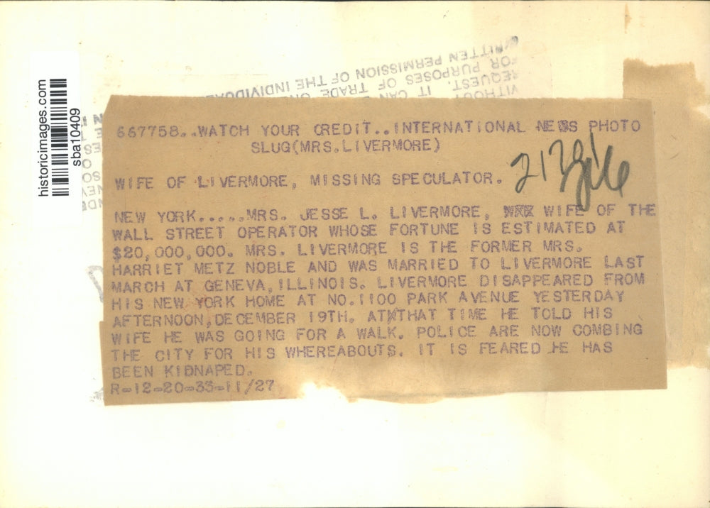 1933 Press Photo Mrs Jesse L Livermore, Former Harriet M Noble - sba10409