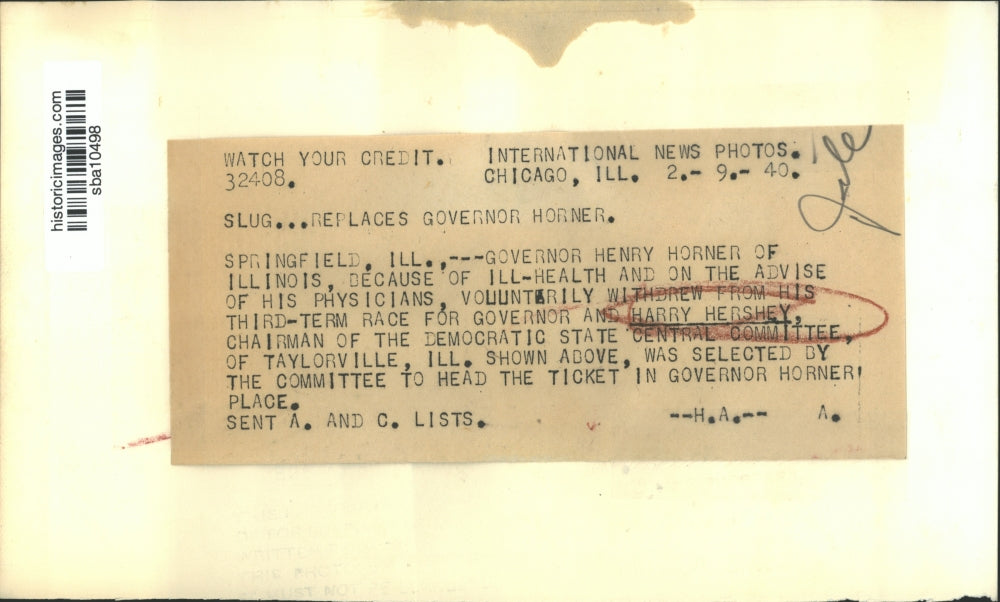 1940 Press Photo Harry Hershey, selected to replace Governor Henry Horner