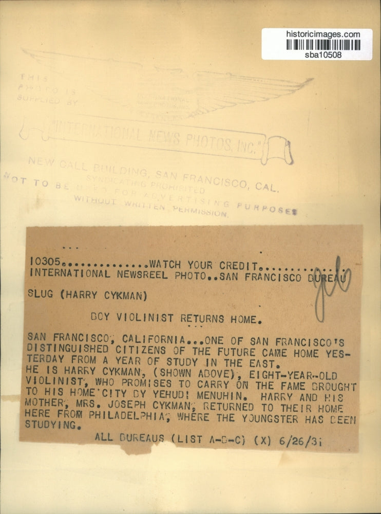 1931 Press Photo Harry Cykman, young violinist returns home from Philadelphia